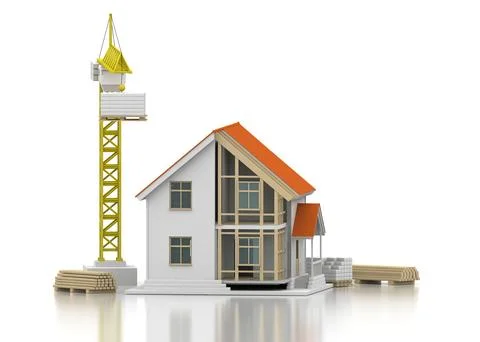 House 3d rendering illustration with open interior on top. Blueprints, docume Stock Illustration