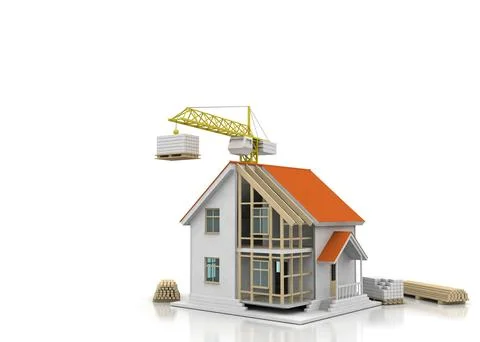 House 3d rendering illustration with open interior on top. Blueprints, docume Stock Illustration