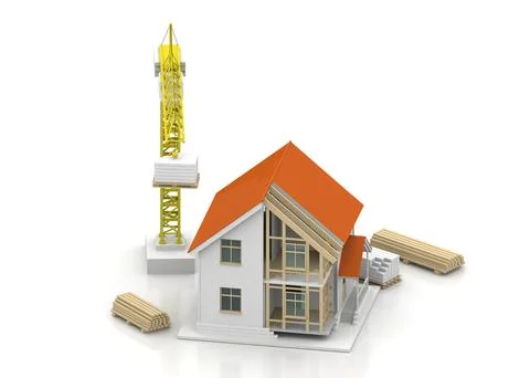 House 3d rendering illustration with open interior on top. Blueprints, docume Stock Illustration