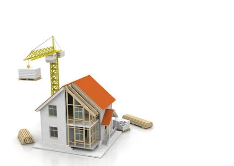 House 3d rendering illustration with open interior on top. Blueprints, docume Stock Illustration