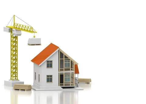 House 3d rendering illustration with open interior on top. Blueprints, docume Stock Illustration