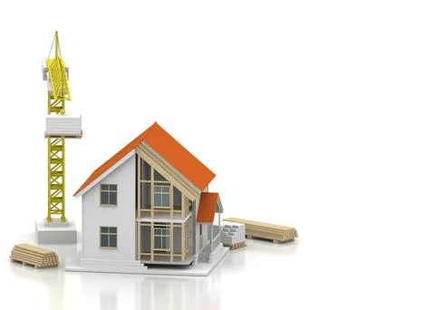 House 3d rendering illustration with open interior on top. Blueprints, docume Stock Illustration