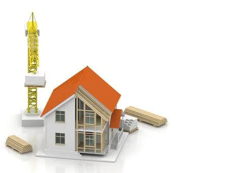 House 3d rendering illustration with open interior on top. Blueprints, docume Stock Illustration