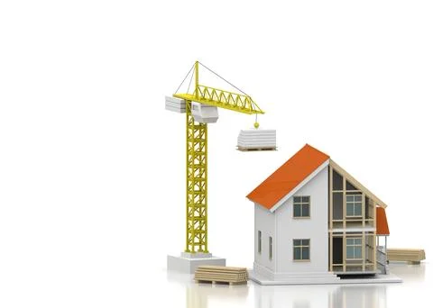 House 3d rendering illustration with open interior on top. Blueprints, docume Stock Illustration