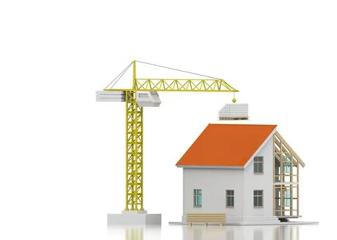 House 3d rendering illustration with open interior on top. Blueprints, docume Stock Illustration