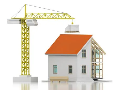 House 3d rendering illustration with open interior on top. Blueprints, docume Stock Illustration