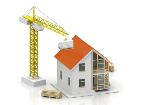 House 3d rendering illustration with open interior on top. Blueprints, docume Illustrazione stock