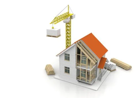 House 3d rendering illustration with open interior on top. Blueprints, docume Stock Illustration