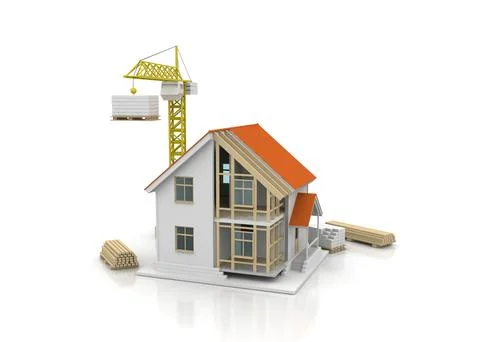 House 3d rendering illustration with open interior on top. Blueprints, docume Stock Illustration