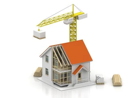 House 3d rendering illustration with open interior on top. Blueprints, docume Stock Illustration