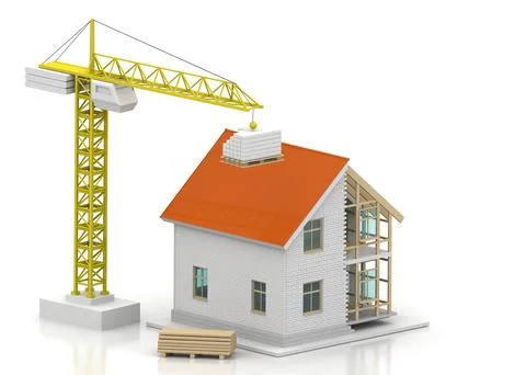 House 3d rendering illustration with open interior on top. Blueprints, docume Stock Illustration