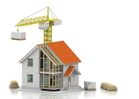 House 3d rendering illustration with open interior on top. Blueprints, docume Stock Illustration