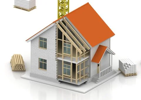 House 3d rendering illustration with open interior on top. Blueprints, docume Stock Illustration