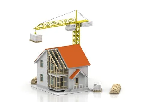 House 3d rendering illustration with open interior on top. Blueprints, docume Stock Illustration