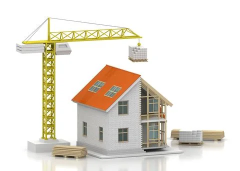 House 3d rendering illustration with open interior on top. Blueprints, docume Stock Illustration