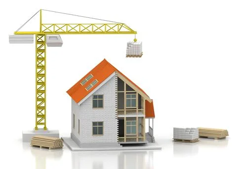 House 3d rendering illustration with open interior on top. Blueprints, docume Stock Illustration