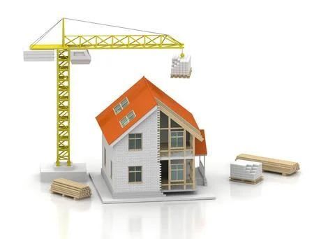 House 3d rendering illustration with open interior on top. Blueprints, docume Stock Illustration