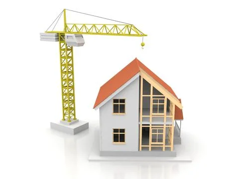 House 3d rendering illustration with open interior on top. Blueprints, docume Stock Illustration