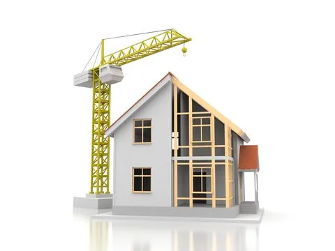 House 3d rendering illustration with open interior on top. Blueprints, docume Stock Illustration