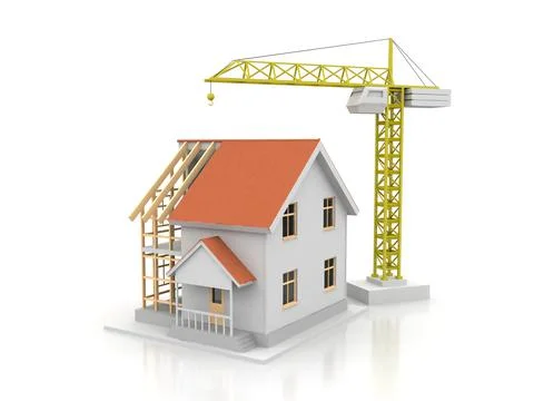 House 3d rendering illustration with open interior on top. Blueprints, docume Stock Illustration