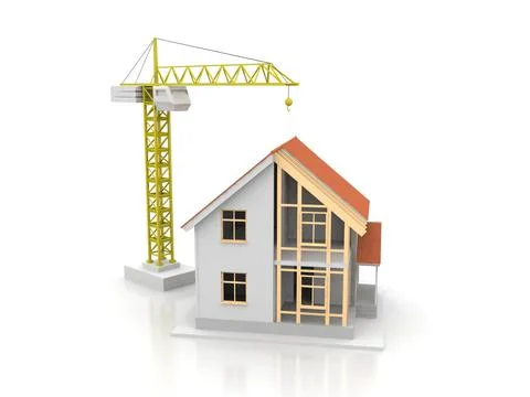 House 3d rendering illustration with open interior on top. Blueprints, docume Stock Illustration
