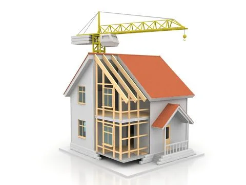 House 3d rendering illustration with open interior on top. Blueprints, docume Stock Illustration