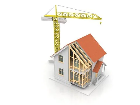 House 3d rendering illustration with open interior on top. Blueprints, docume Illustrazione stock