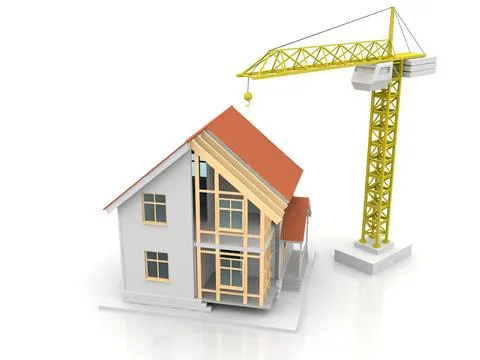 House 3d rendering illustration with open interior on top. Blueprints, docume Stock Illustration