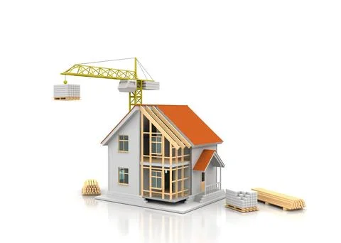 House 3d rendering illustration with open interior on top. Blueprints, docume Illustrazione stock