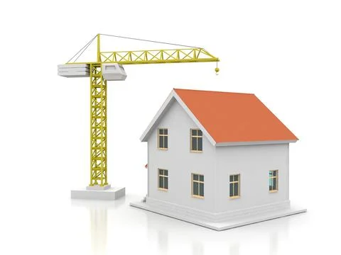 House 3d rendering illustration with open interior on top. Blueprints, docume Stock Illustration