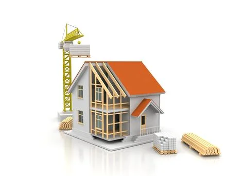 House 3d rendering illustration with open interior on top. Blueprints, docume Stock Illustration