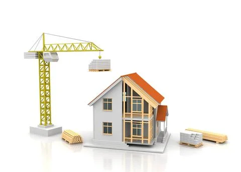House 3d rendering illustration with open interior on top. Blueprints, docume Stock Illustration