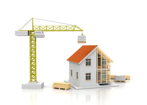 House 3d rendering illustration with open interior on top. Blueprints, docume Stock Illustration