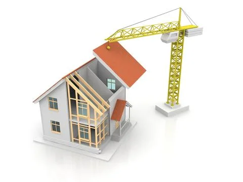 House 3d rendering illustration with open interior on top. Blueprints, docume Stock Illustration