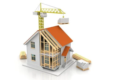 House 3d rendering illustration with open interior on top. Blueprints, docume Stock Illustration
