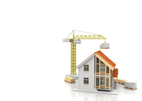 House 3d rendering illustration with open interior on top. Blueprints, docume Illustrazione stock