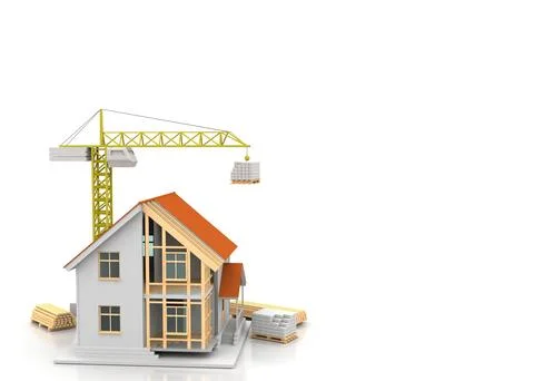 House 3d rendering illustration with open interior on top. Blueprints, docume Stock Illustration