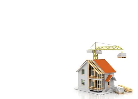 House 3d rendering illustration with open interior on top. Blueprints, docume Illustrazione stock