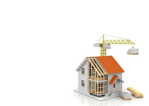 House 3d rendering illustration with open interior on top. Blueprints, docume Stock Illustration