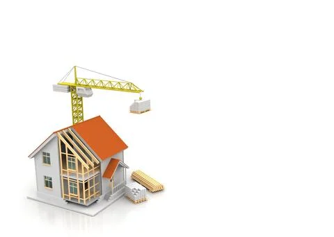 House 3d rendering illustration with open interior on top. Blueprints, docume Stock Illustration