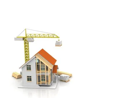 House 3d rendering illustration with open interior on top. Blueprints, docume Stock Illustration