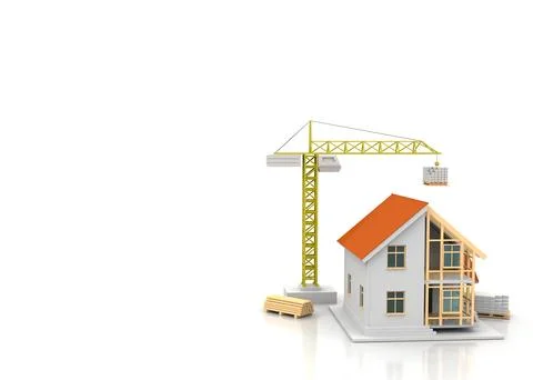 House 3d rendering illustration with open interior on top. Blueprints, docume Illustrazione stock