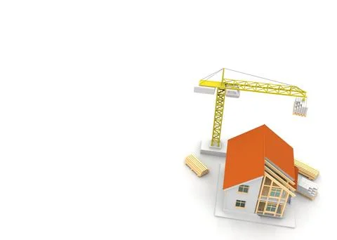 House 3d rendering illustration with open interior on top. Blueprints, docume Illustrazione stock