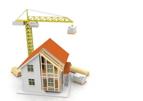 House 3d rendering illustration with open interior on top. Blueprints, docume Stock Illustration