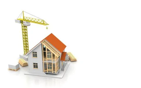House 3d rendering illustration with open interior on top. Blueprints, docume Stock Illustration