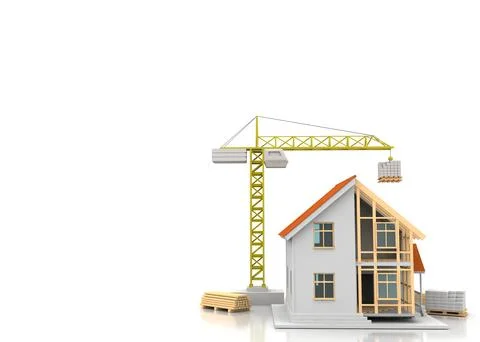 House 3d rendering illustration with open interior on top. Blueprints, docume Stock Illustration