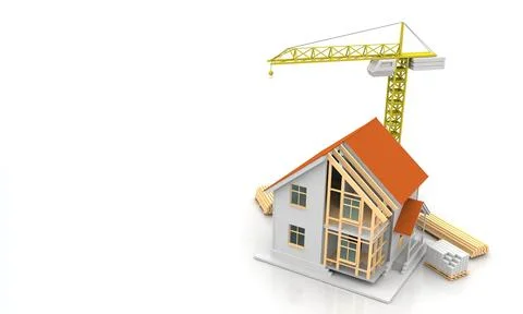 House 3d rendering illustration with open interior on top. Blueprints, docume Stock Illustration