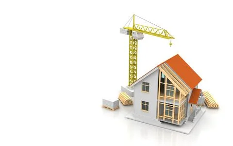 House 3d rendering illustration with open interior on top. Blueprints, docume Stock Illustration