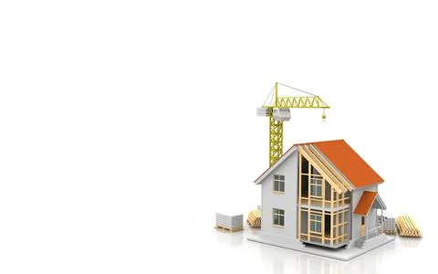House 3d rendering illustration with open interior on top. Blueprints, docume Stock Illustration