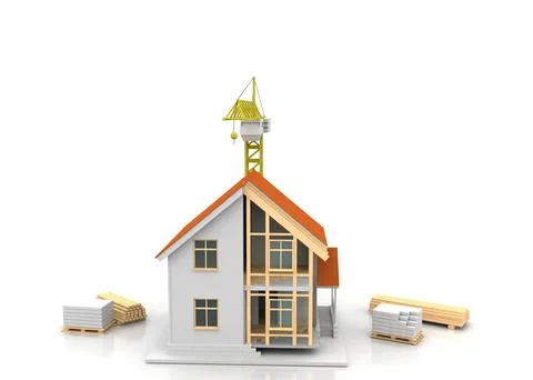 House 3d rendering illustration with open interior on top. Blueprints, docume Stock Illustration